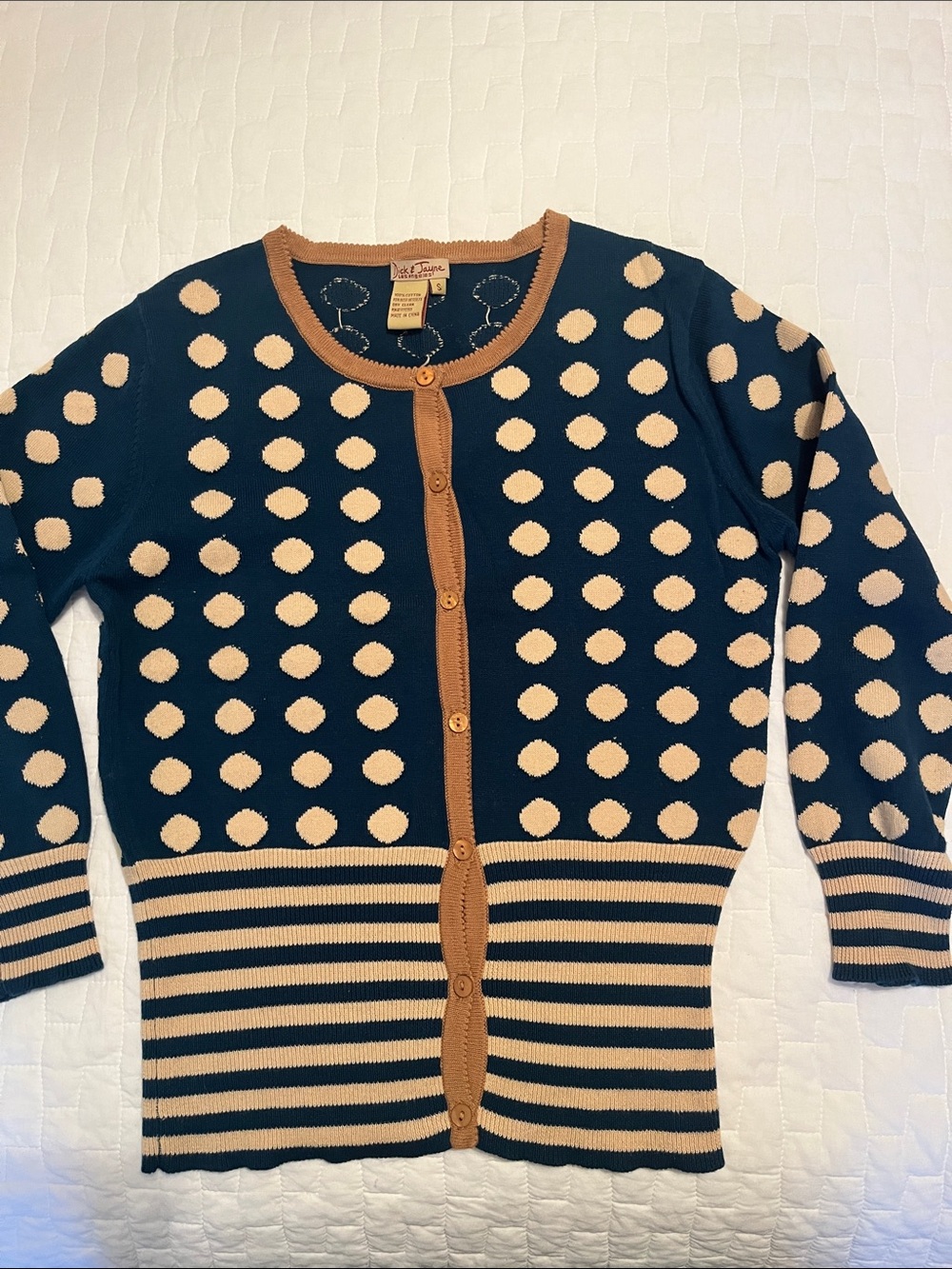 Polka Dot Button-Front Sweater Cardigan - teal blue and brown.